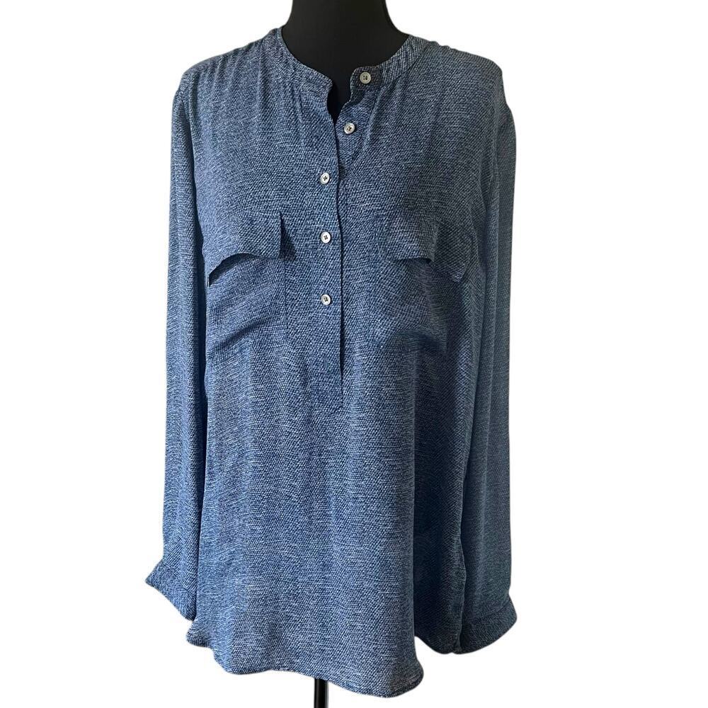 Banana Republic Women's Blue Textured Henley‎ Blouse Long Sleeve Pocket Top XL